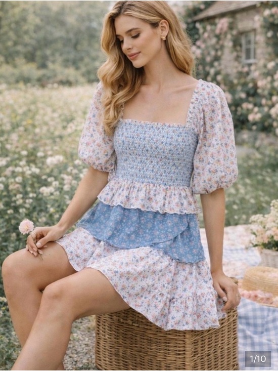LoveShackFancy Dresses & Skirts - LoveShackFancy Blue Floral Smocked Square-Neck Tiered Mini Dress
